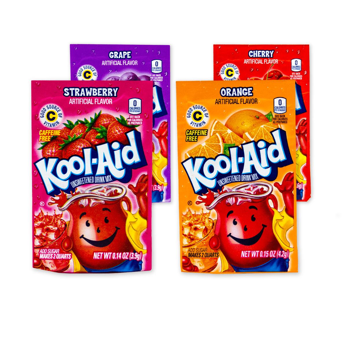 4 Kool Aid, quattro preparati in polvere per bevande alla frutta in vari gusti da 3.9g