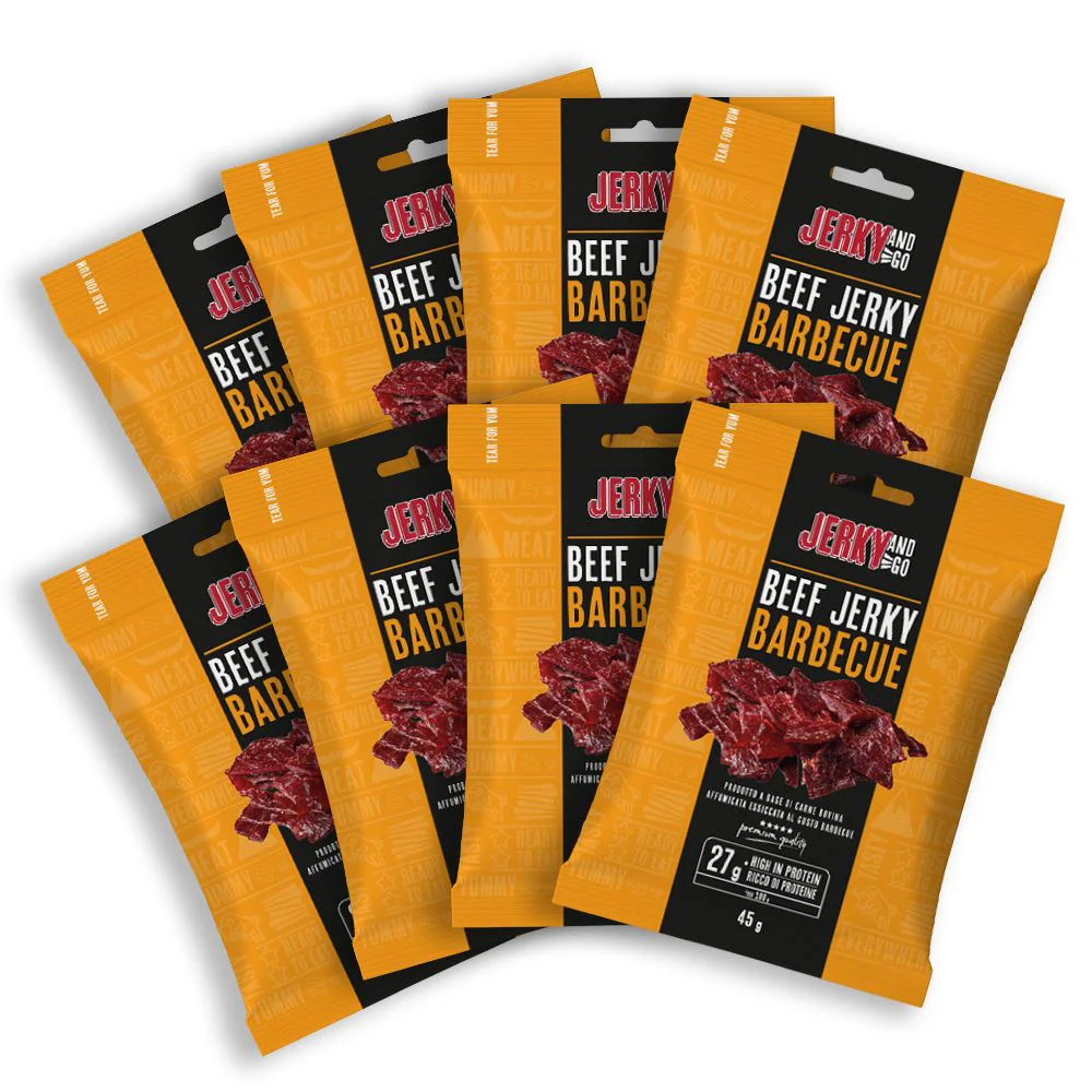 8 Jerky and Go Beef Jerky Barbecue, 8 confezioni di carne secca di manzo al gusto barbecue da 45g