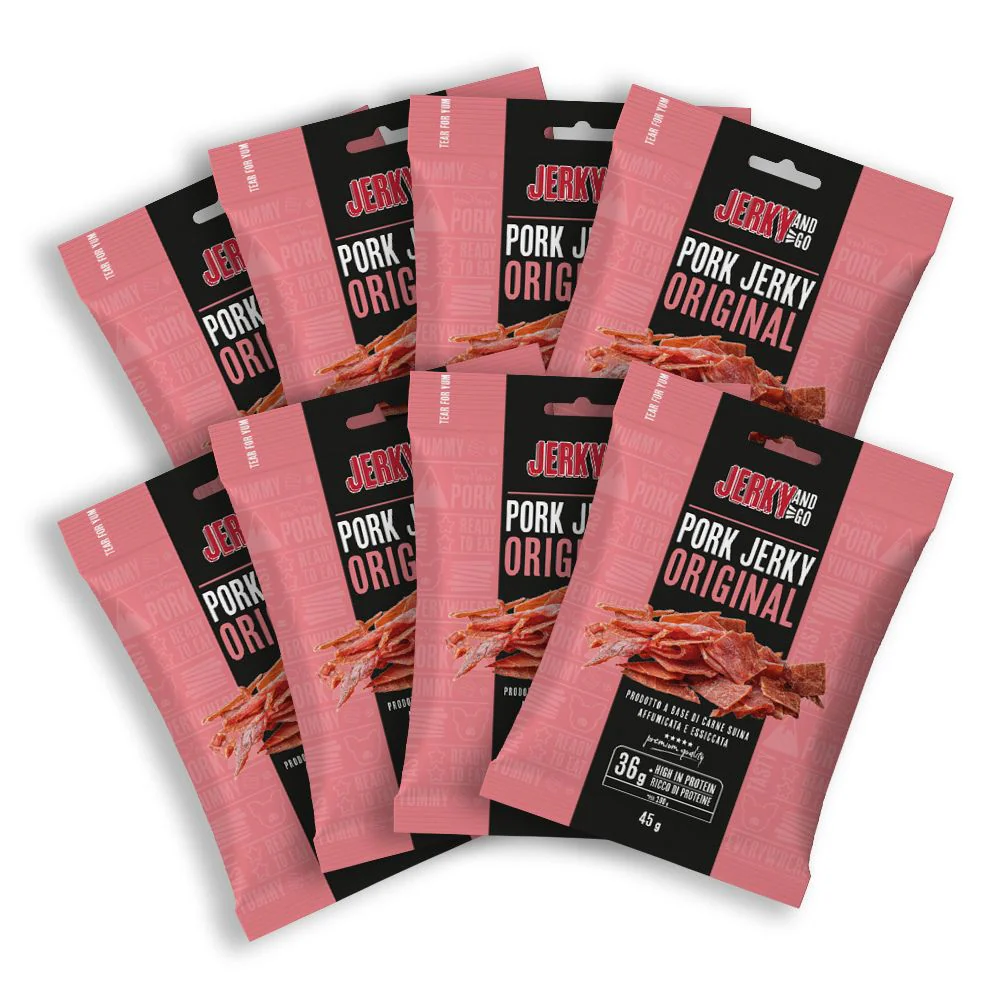 8 Jerky and Go Pork Jerky Original, 8 confezioni di carne secca di maiale da 45g