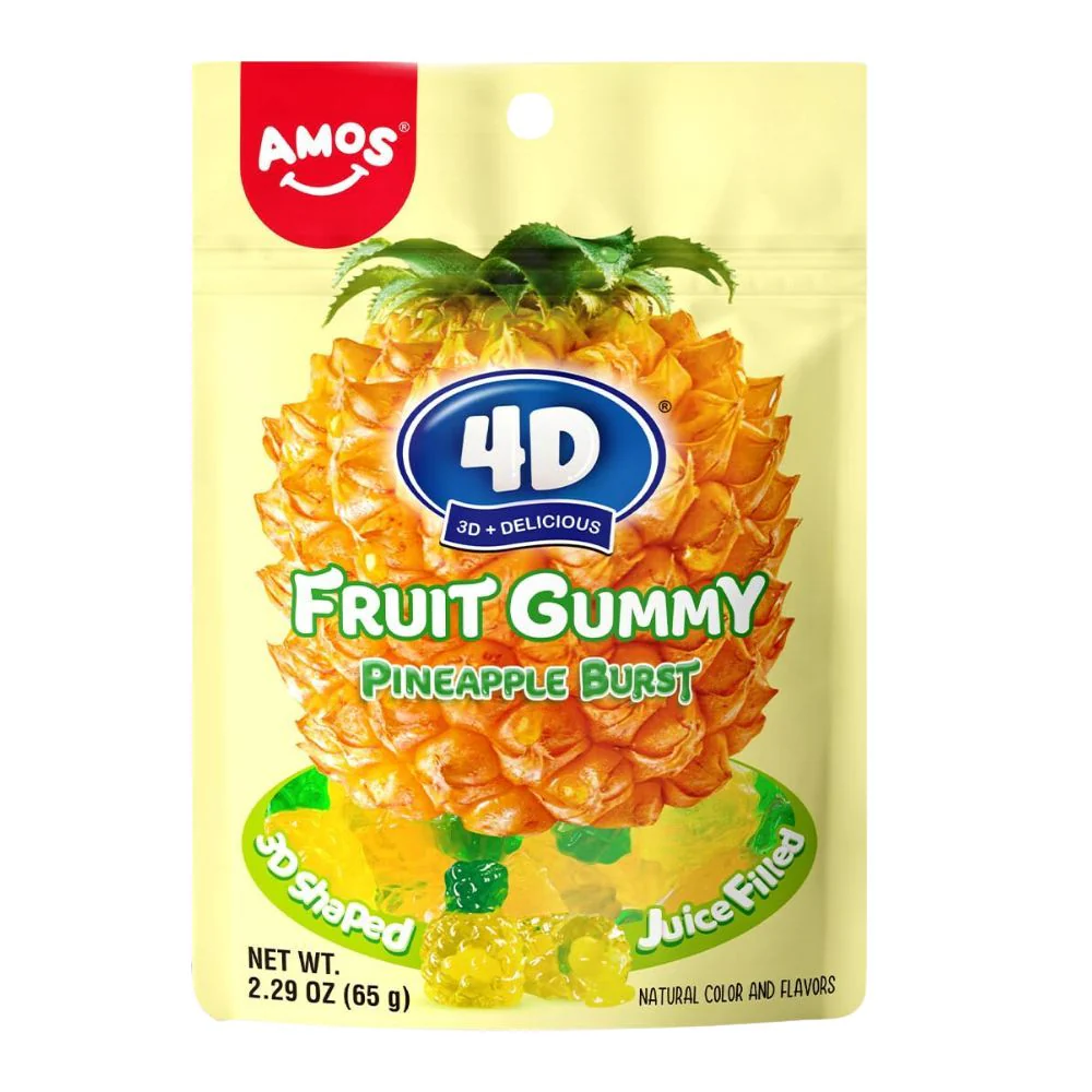 Amos 4D Fruit Gummy Pineapple Burst, caramelle gommose ripiene al gusto di ananas da 65g