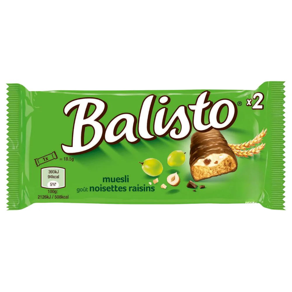 Balisto Muesli, barrette con crema alla nocciola e uvetta ricoperte di cioccolato da 37g