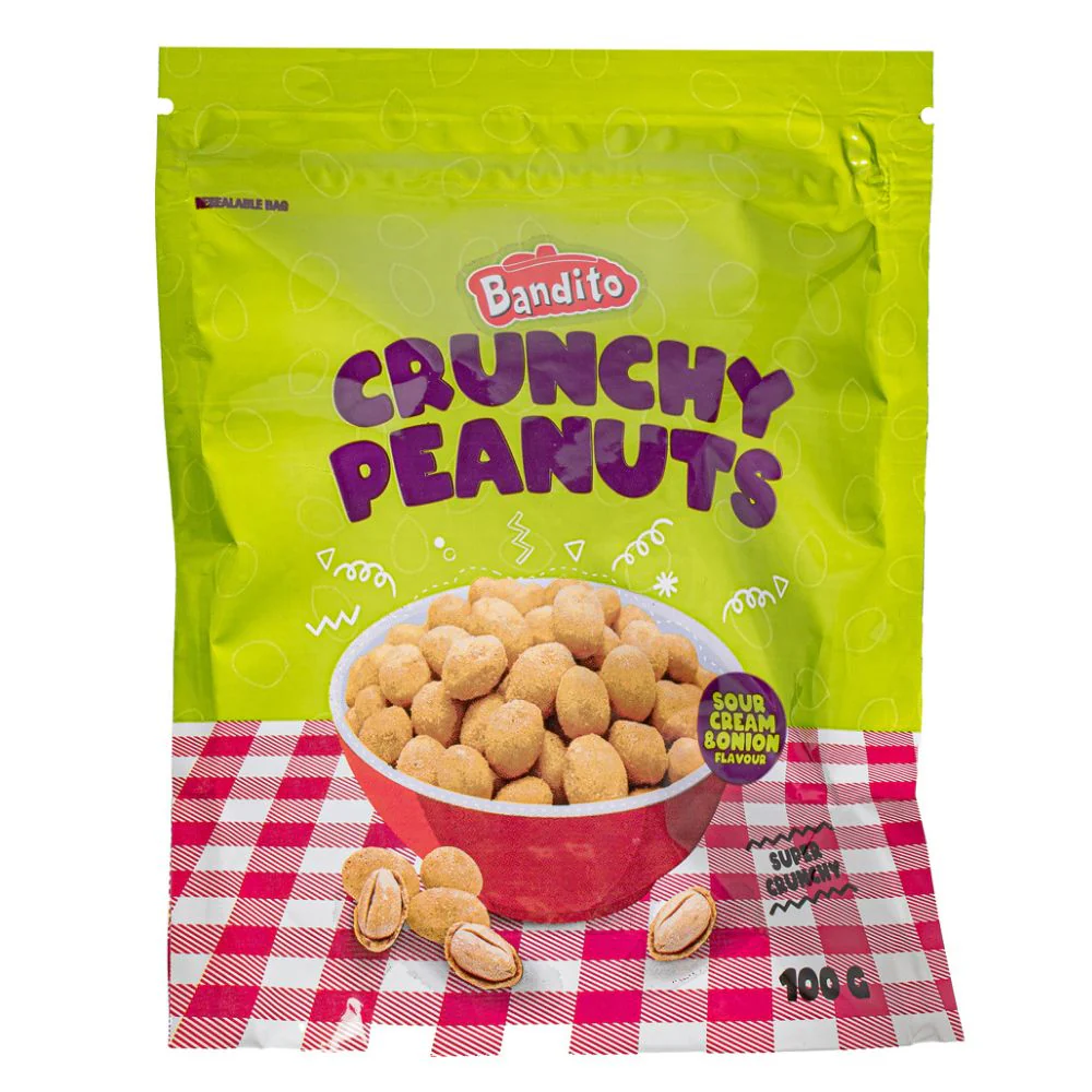 Bandito Crunchy Peanuts Sour Cream & Onion, arachidi tostate al gusto di panna acida e cipolla da 100g