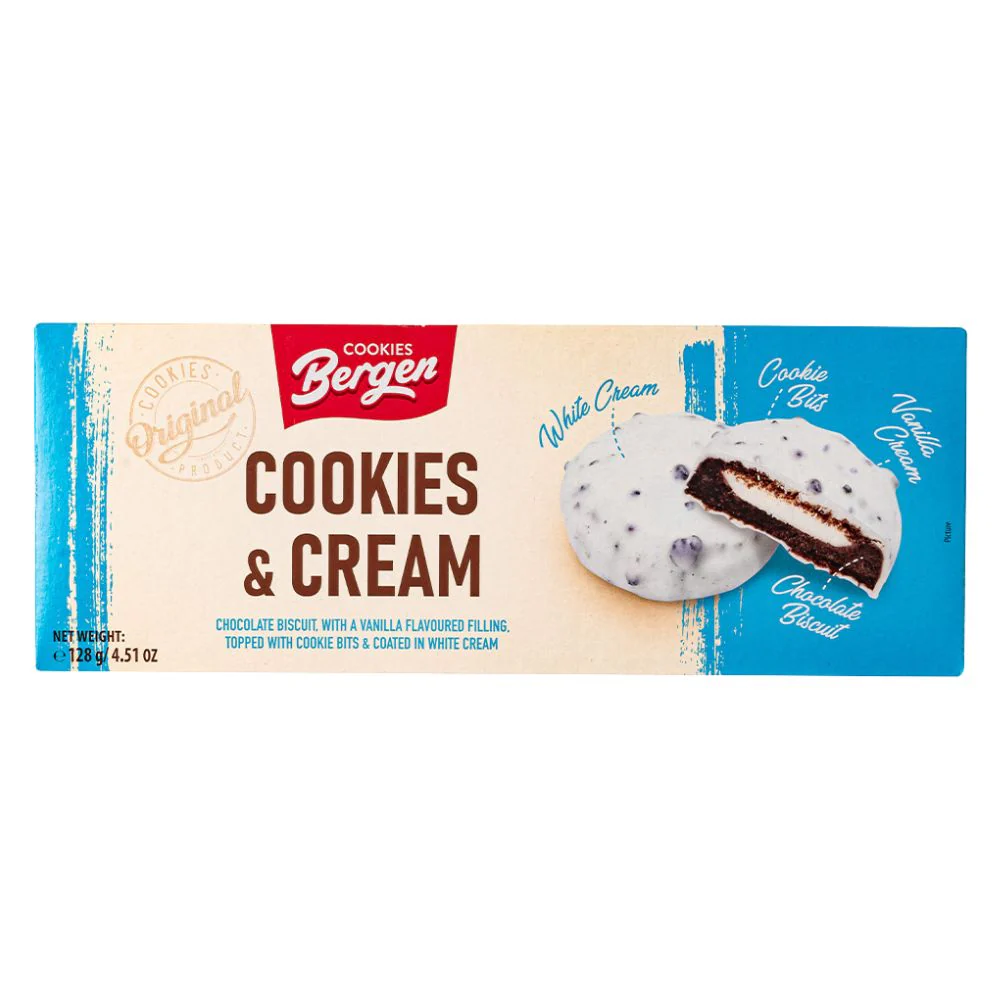 Bergen Cookies & Cream, biscotti al cioccolato bianco e granella da 128g