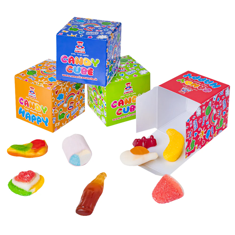 Candy Cube Kit "Party", scatoline di caramelle gommose da 50g ideali come gadget di fine festa (25, 50 o 75 pz) - Image 2