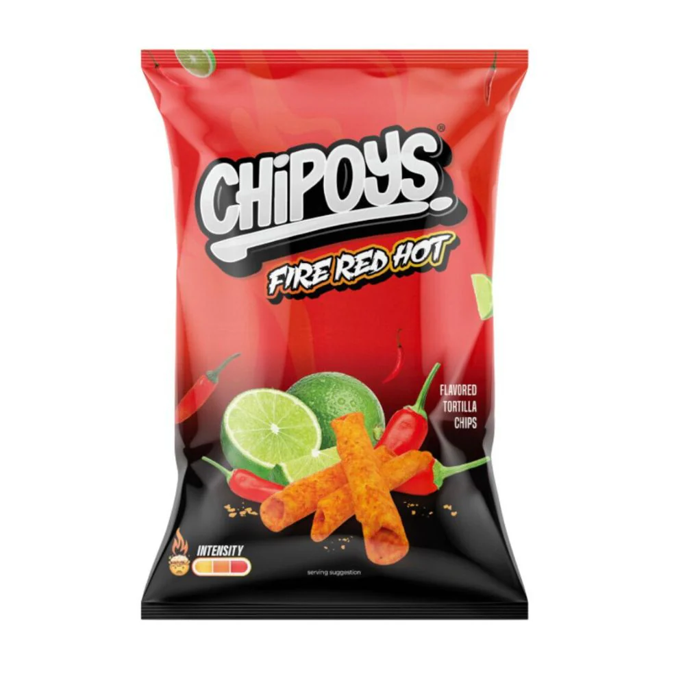 Chipoys Fire Red Hot, riccioli di tortillas piccanti al peperoncino e lime da 57g