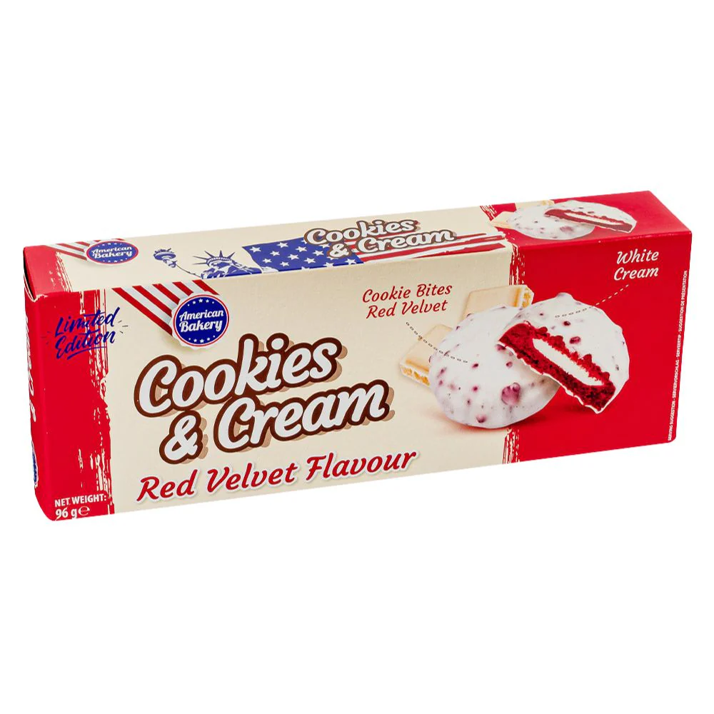American Bakery Cookies and Cream Red Velvet Flavour, biscotti con ripieno di crema al latte con gocce di biscotto Red Velvet da 96g