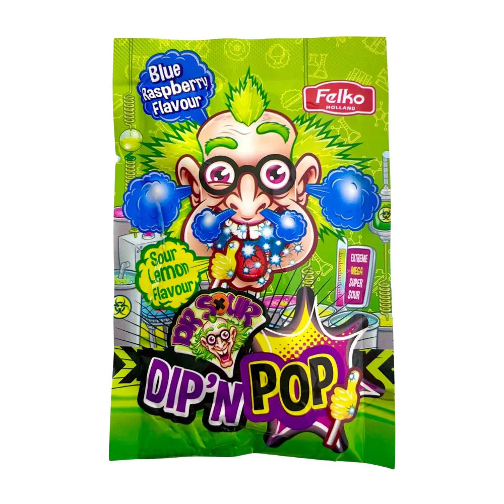 Dr. Sour Dip'n Pop Blue Raspberry Flavour, caramelle aspra al gusto di limone con polverina al gusto di lampone da 20g