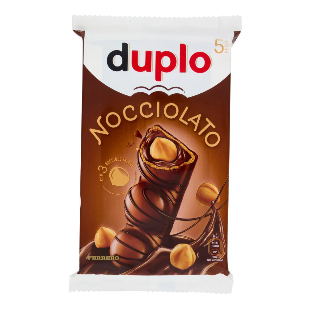 Duplo Nocciolato, wafer ricoperto di cioccolato al latte con nocciole intere e morbido ripieno alla nocciola e al cacao da 130g