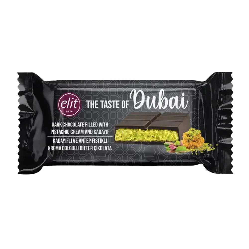 Elit Dark Dubai Chocolate, barretta di cioccolato fondente con crema di pistacchio e Kadayif da 90g