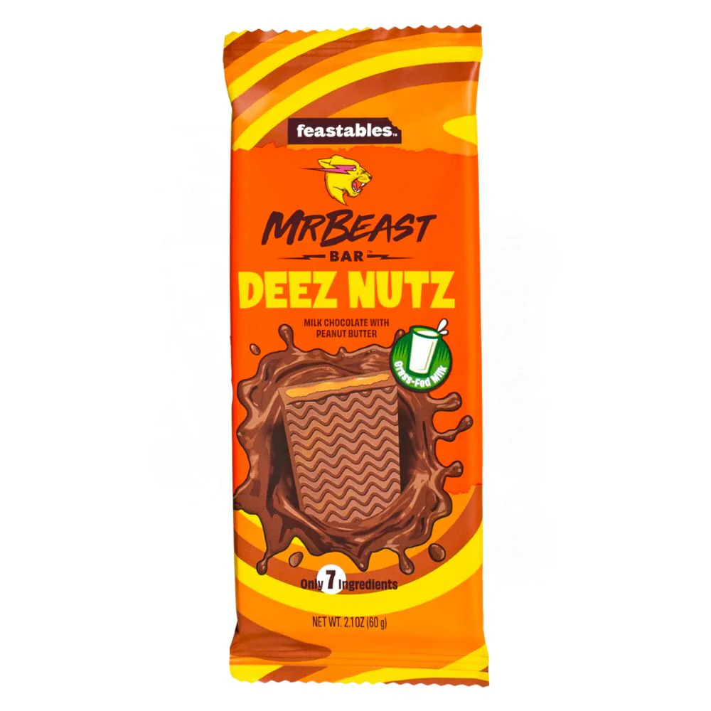 Feastables Mr Beast Deez Nut, barretta al cioccolato di Mr Beast ripiena di burro d'arachidi da 60g