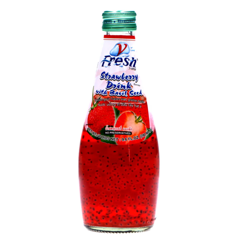 Fresh Strawberry Drink with Basil Seed, bevanda thailandese alla fragola con semi di basilico da 290ml