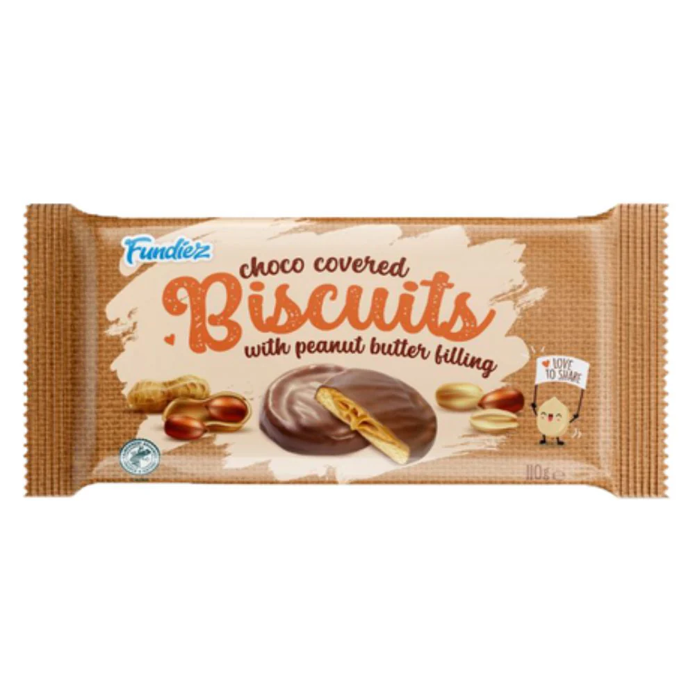Fundiez Choco Covered Biscuits With Peanut Butter Filling, biscotti ripieni di burro d'arachidi ricoperti di cioccolato al latte da 110g