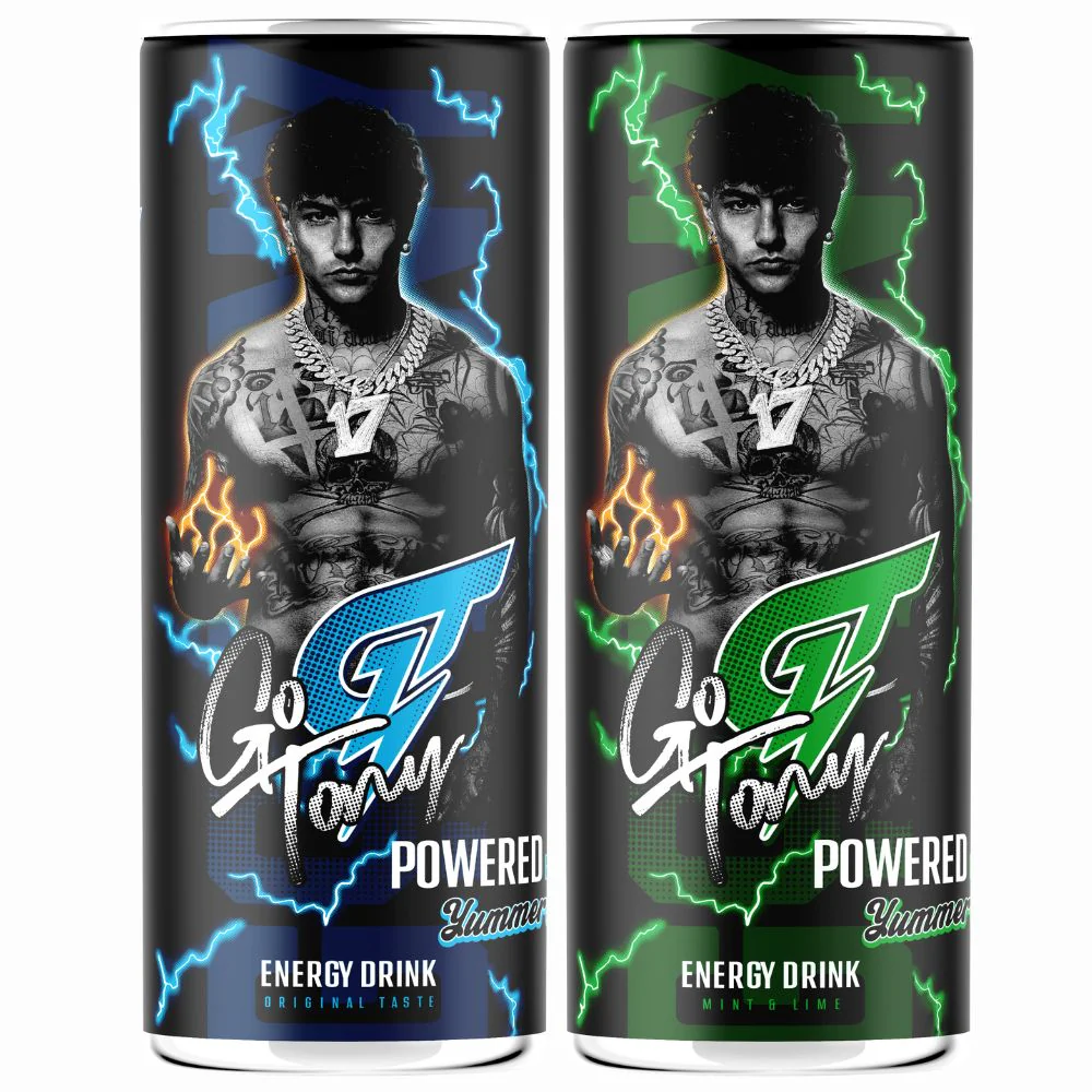 Go Tony Original Taste e Mint & Lime, 2 energy drink di Tony Effe al gusto original e menta e lime da 250ml