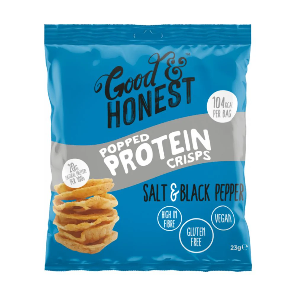 Good&Honest Popped Protein Crisps Salt&Black Pepper, patatine al gusto di sale e pepe nero da 23g