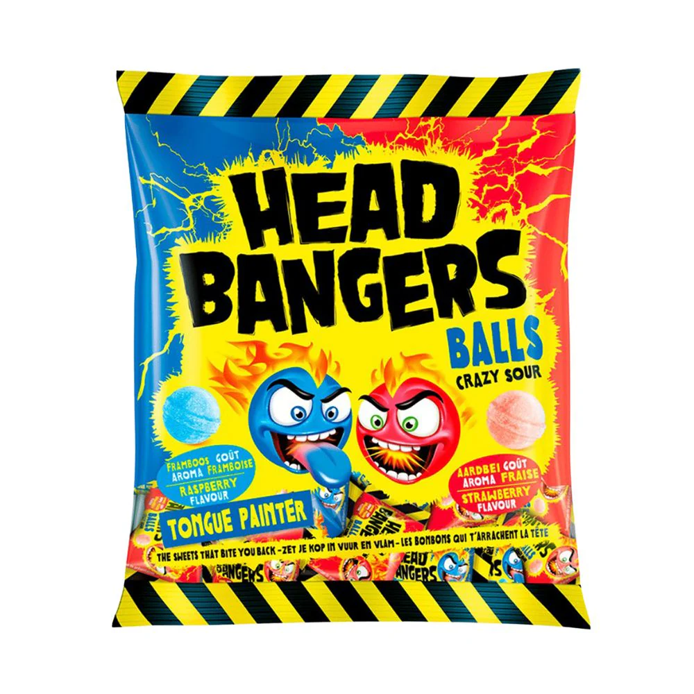 HeadBangers Balls Crazy Sour, caramelle acide al gusto di fragola e lampone da 135g