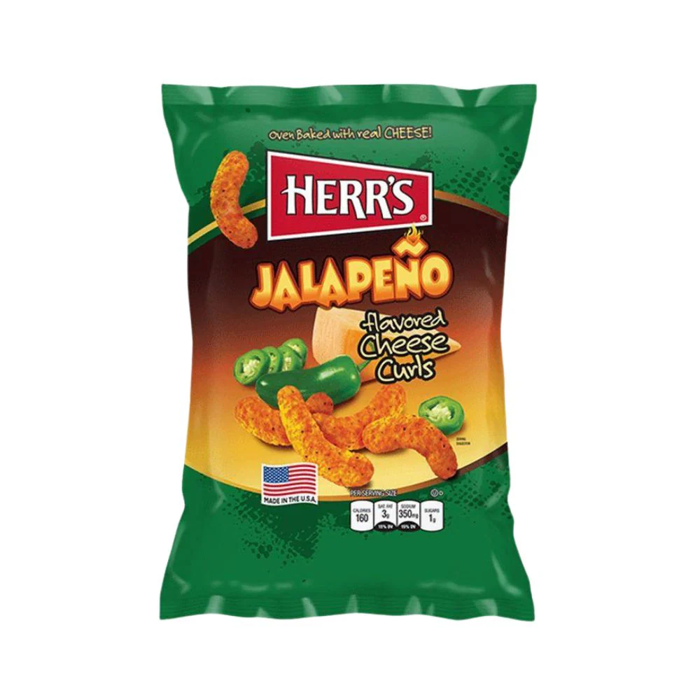 Herr's Jalapeño Cheese Curls, patatine piccanti al peperoncino jalapeño da 28g