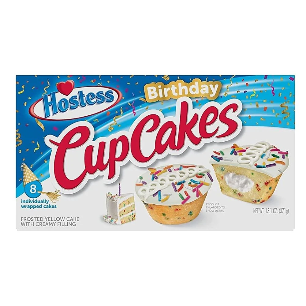 Hostess Birthday Cupcakes, tortine ripiene di crema alla vaniglia ricoperte da glassa e confetti colorati da 371g