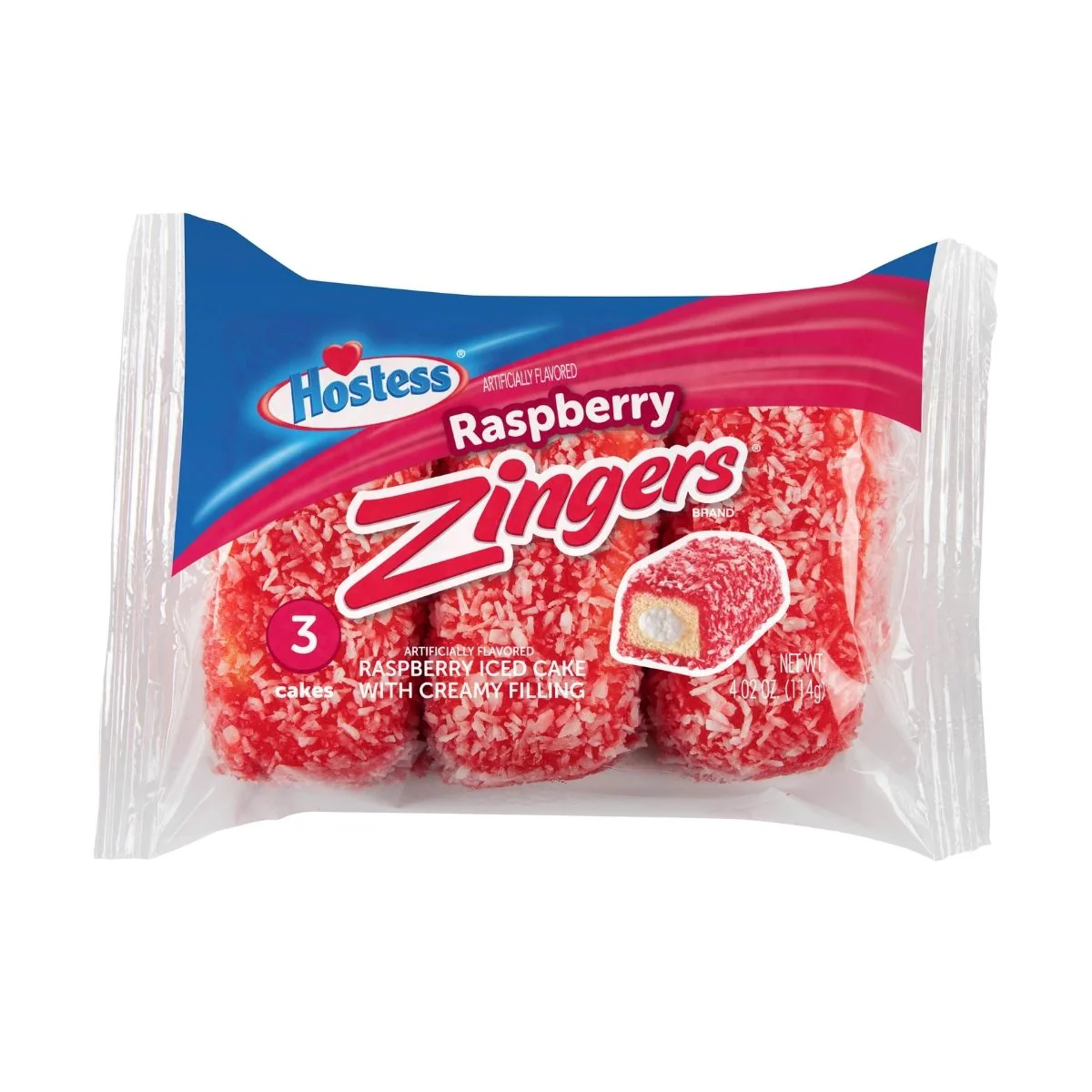 Hostess Zinger Raspberry, 3 merendine al pan' di spagna con crema al lampone e granella di cocco da 114g