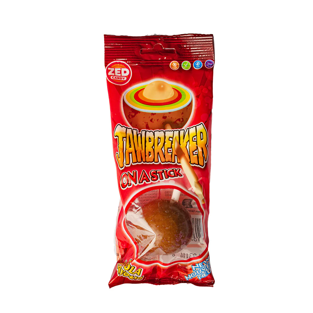 Jawbreaker On a Stick Cola Flavour, lecca lecca gigante al gusto cola con gomma da masticare al centro da 50g