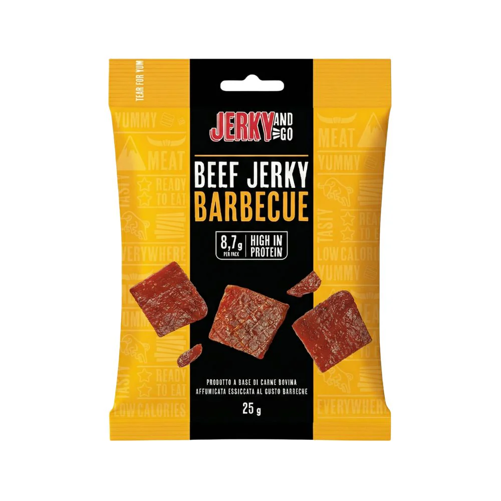 Jerky And Go Beef Jerky Barbecue, snack di carne bovina essiccata e affumicata al gusto barbecue da 25g
