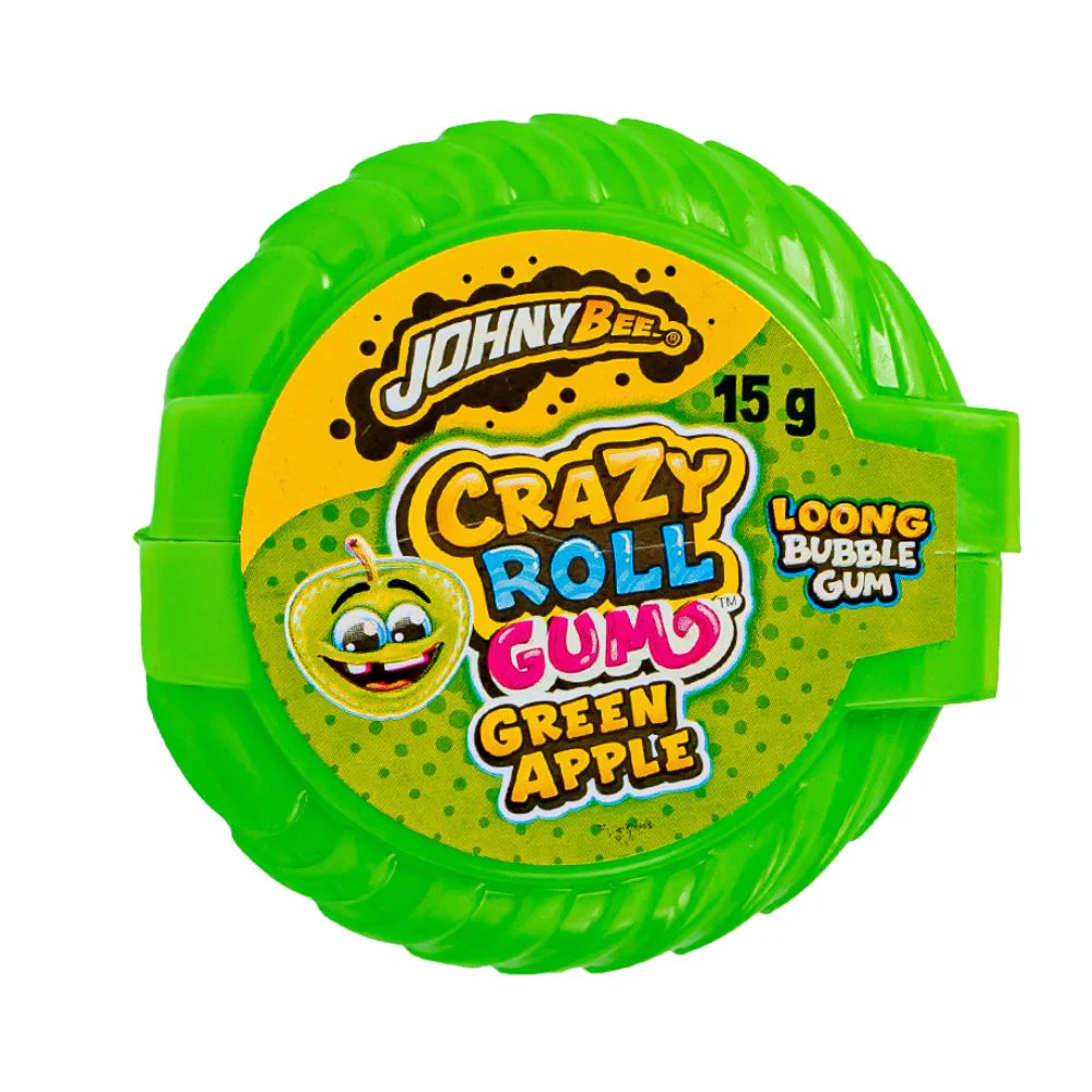 Johny Bee Crazy Roll Green Apple Bubble Gum, gomme da masticare al gusto di mela verde da 15g