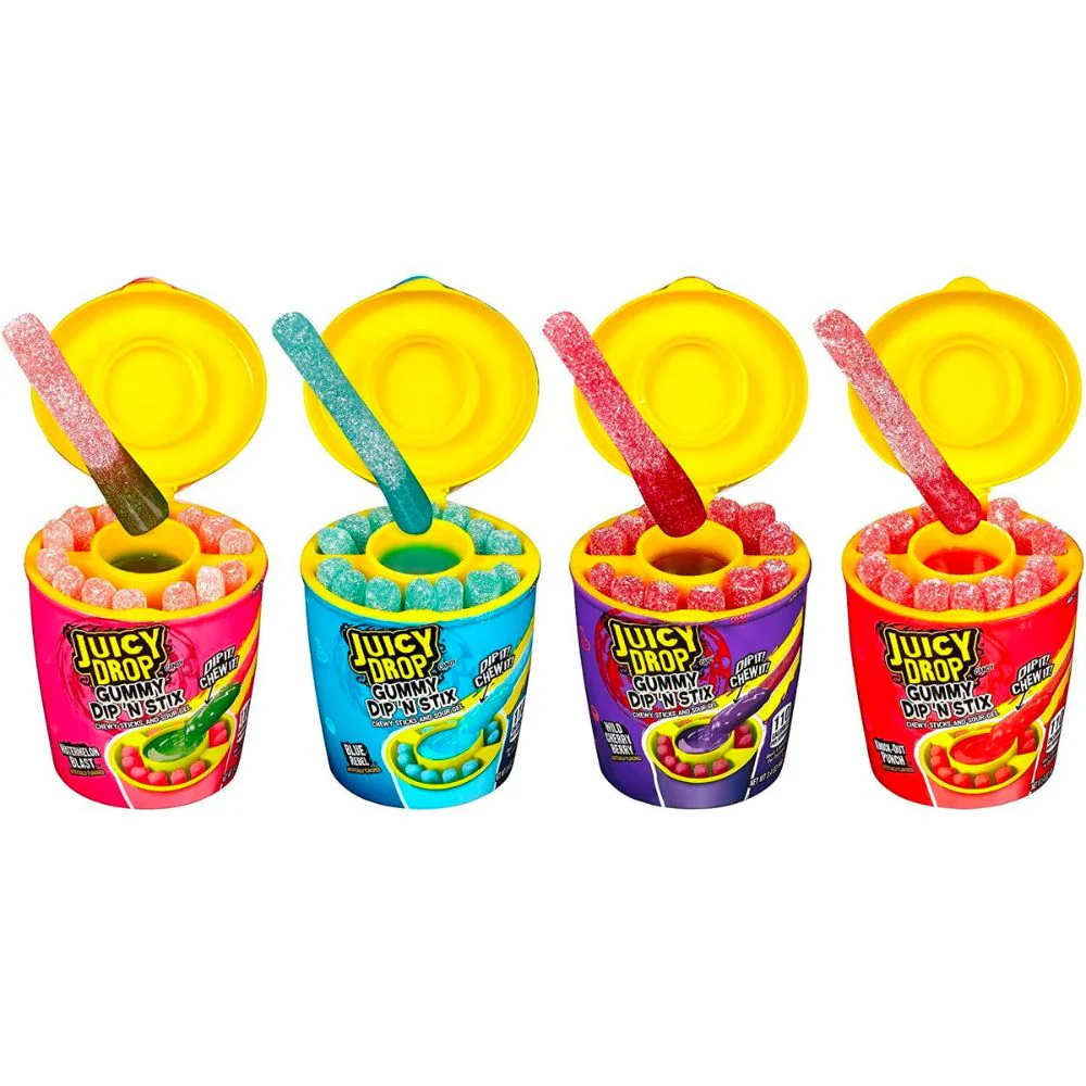 Juicy Drop Gummy Dip 'n Stix, caramella stick e gel gusto a sorpresa tra pounch, lampone, ciligia e anguria da 96g