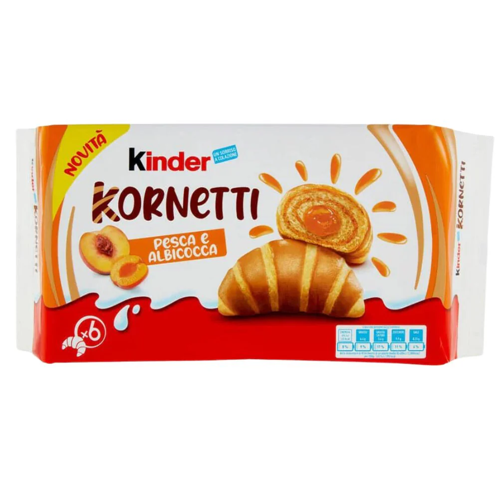 Kinder Kornetti Peach and Apricot , 6 cornetti ripieni di confettura alla pesca e all'albicocca da 42g