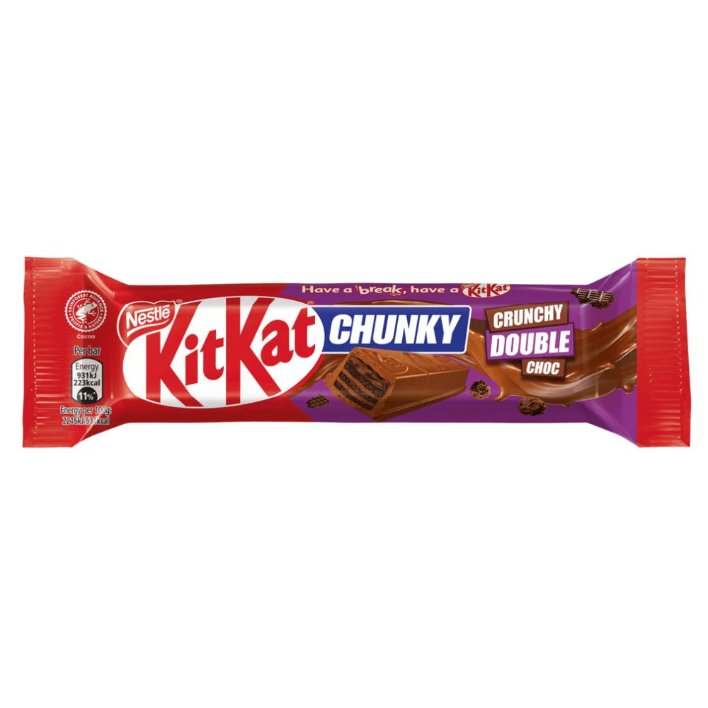 Kit Kat Chunky Crunchy Double Choc, biscotto ripieno di cioccolato al latte, cereali di riso, cacao e ricoperto di cioccolato al latte da 42g
