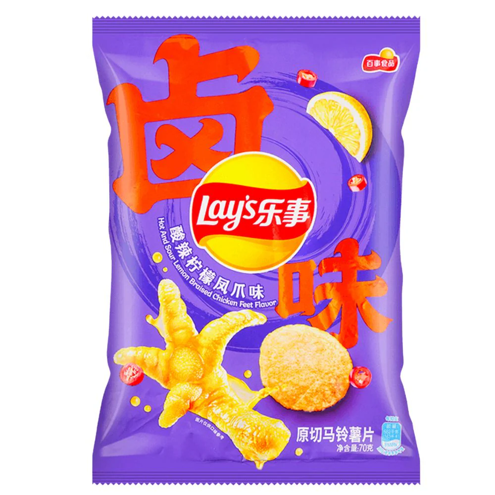 Lay’s Hot and Sour Lemon Braised Chicken Feet Flavour, patatine al gusto di zampa di pollo e limone da 70g