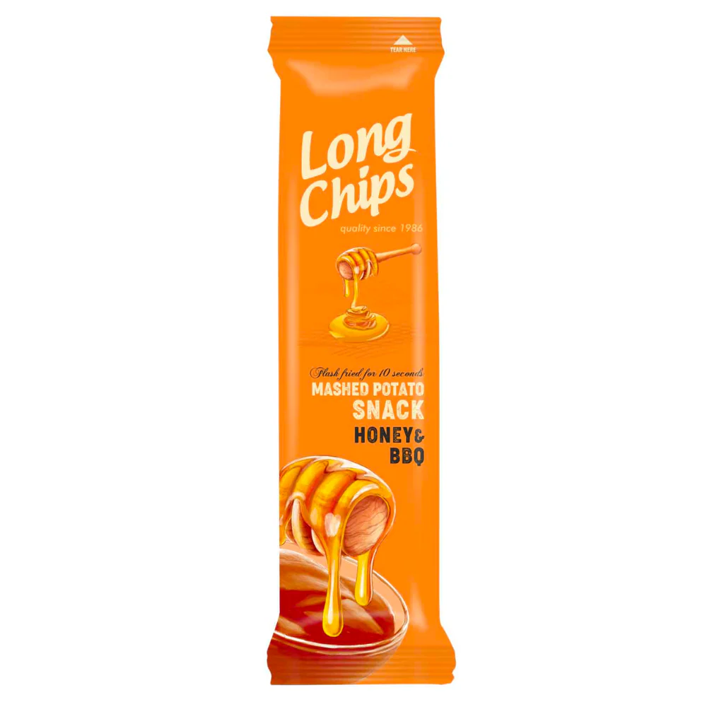 Long Chips Honey & BBQ, patatine lunghe al gusto di miele e BBQ da 75g