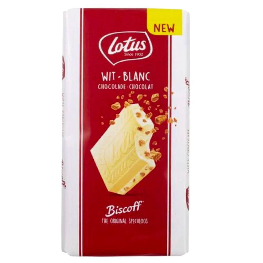 Lotus Biscoff Wit Blanc Chocolat, barretta di cioccolato bianco con pezzetti di biscotto Lotus da 180g