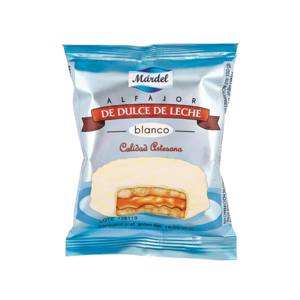 Mardel Alfajores Blanco, biscotto con caramello al latte ricoperto di cioccolato bianco da 50g