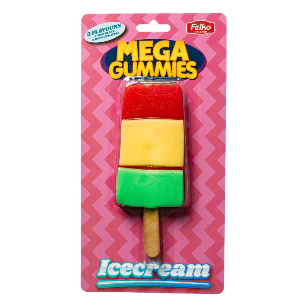 Mega Gummies Ice Cream, caramella gommosa gigante dalla forma di gelato al gusto di fragola, banana e mela da 120g