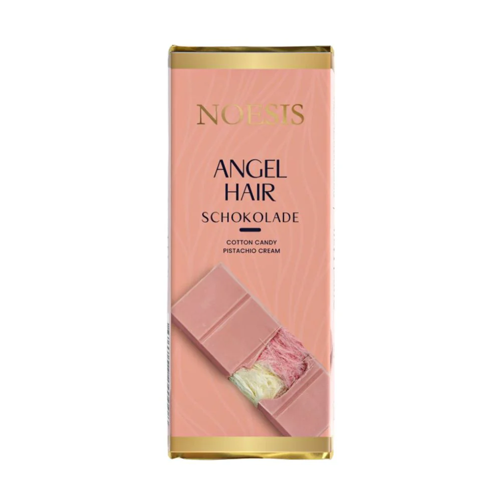 Noesis Angel Hair, cioccolato Ruby ripieno di pismaniye al melograno e crema di pistacchio da 75g