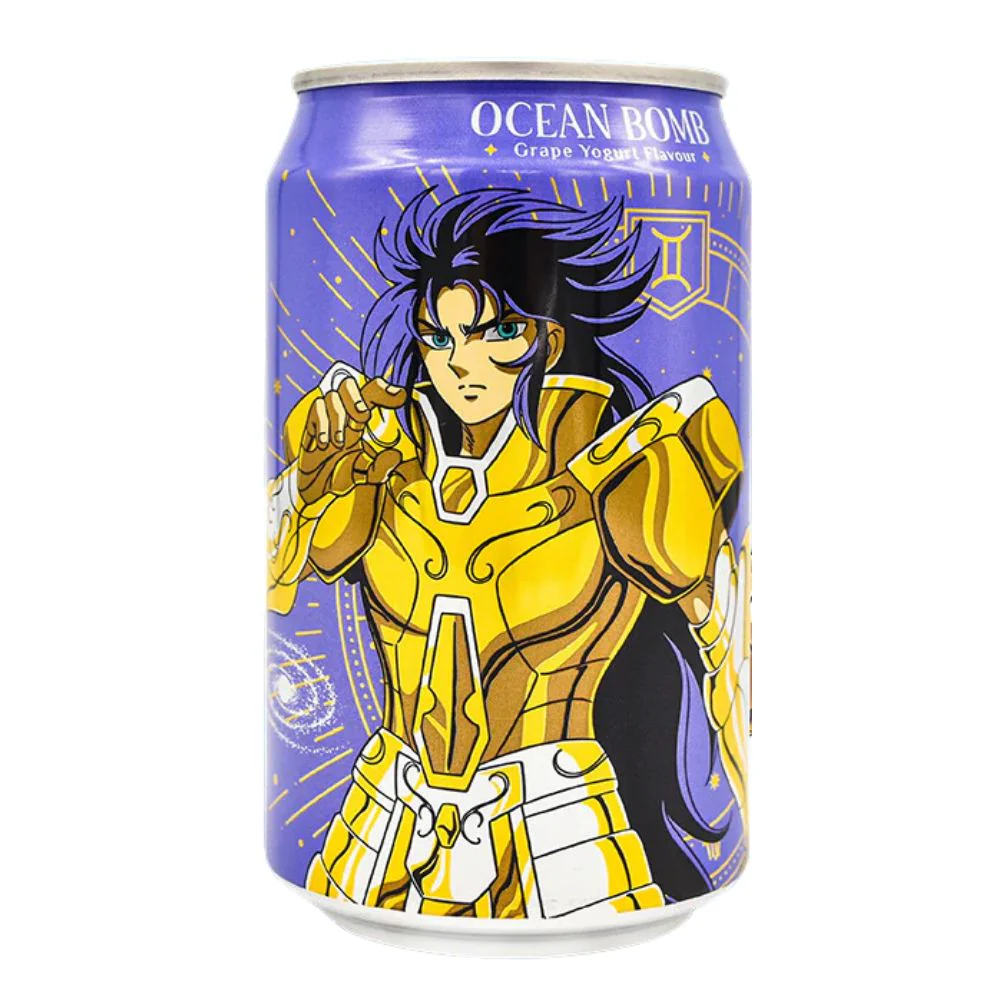 Ocean Bomb Cavalieri dello Zodiaco Gemini, bevanda gassata aromatizzata al gusto di uva e yogurt da 330ml