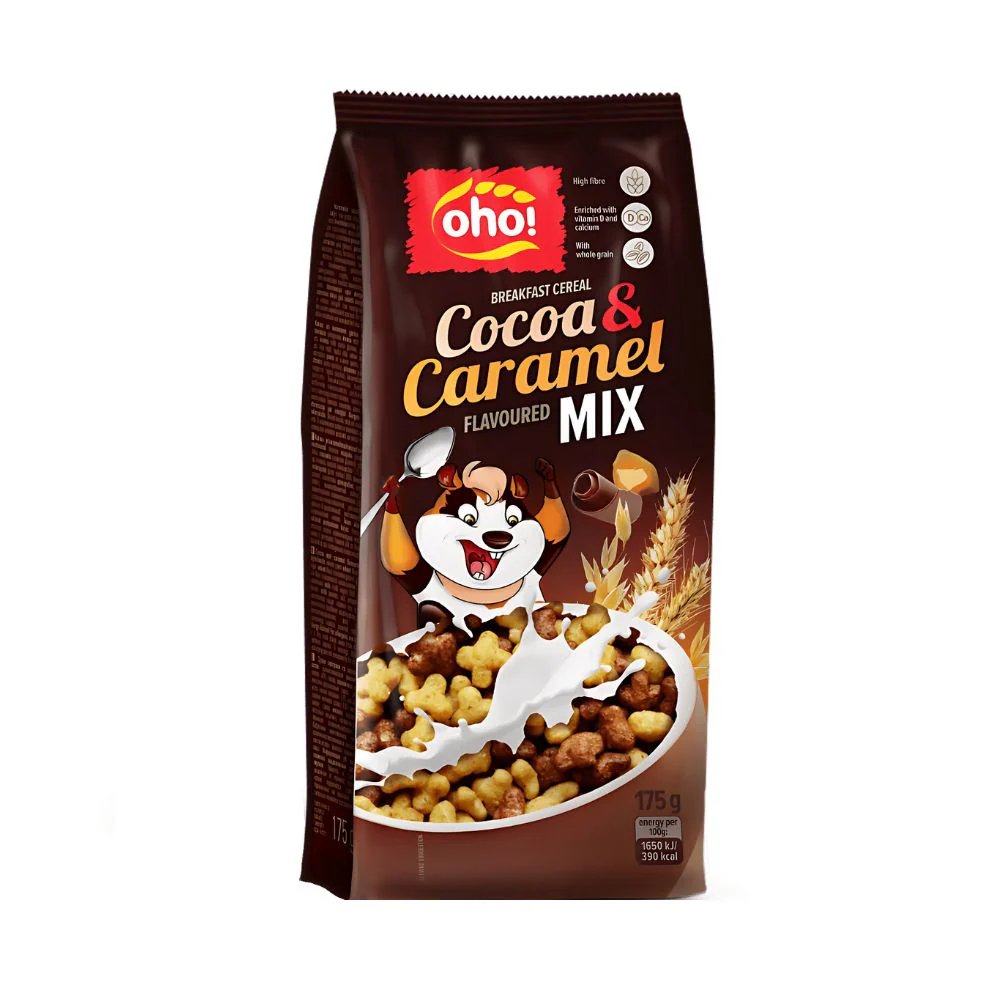 Oho! Cereals Cocoa & Caramel, cereali al gusto di cacao e caramello da 170g