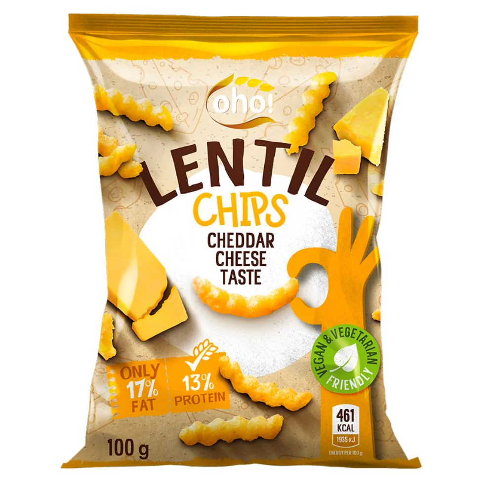 Oho Lentil Chips Ched Cheese, chips di lenticchie al gusto di formaggio da 100g