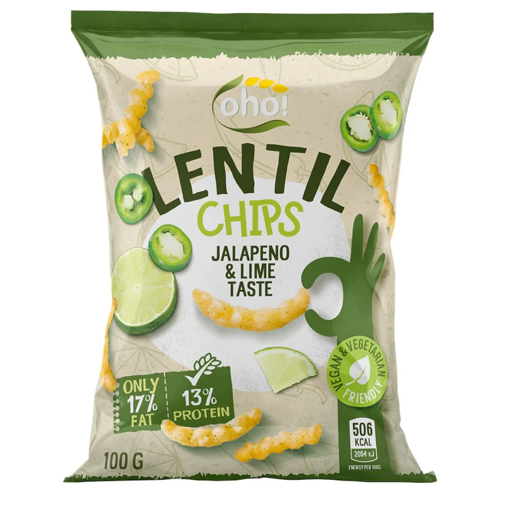 Oho Lentil Chips Jalapeno & Lime, chips di lenticchie al gusto di jalapeno e lime da 100g