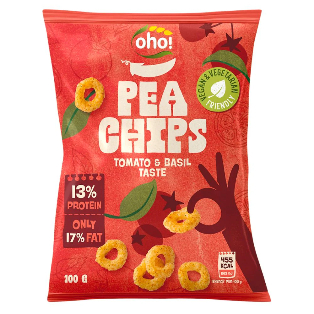 Oho Pea Chips Tomato & Basil, chips di lenticchie al gusto di pomodoro e basilico da 100g