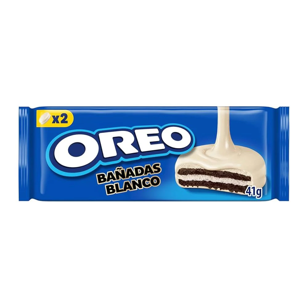 Oreo Bañadas Blanco, biscotti Oreo ripieni di crema alla vaniglia e ricoperti di cioccolato bianco da 41g