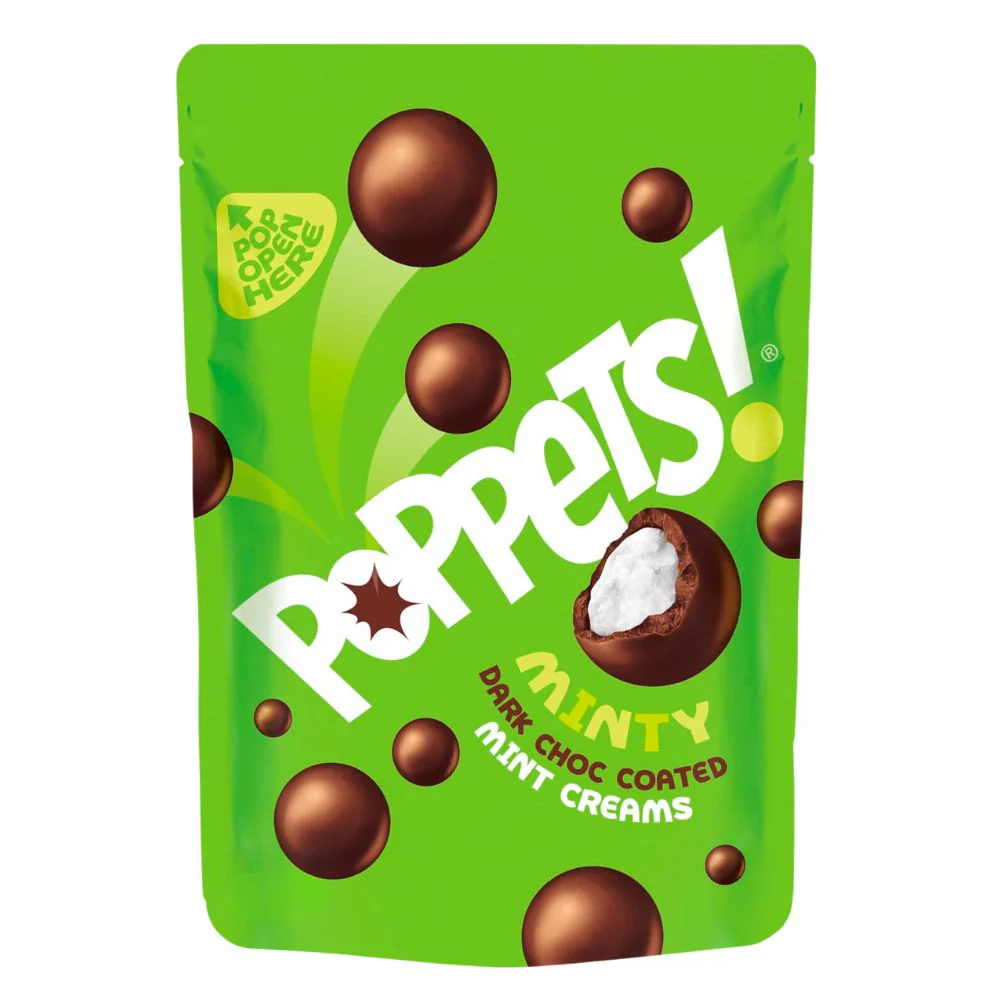 Poppets! Minty Dark Choco Coated, cioccolatini al cioccolato fondente con crema alla menta da 100g
