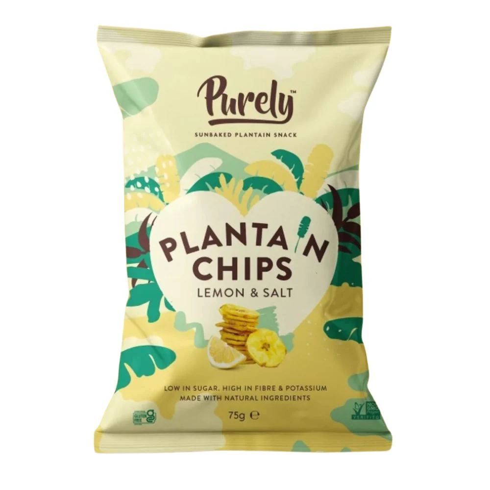 Purely Plantain Chips Lemon & Salt, chips di platano al limone e sale da 75g