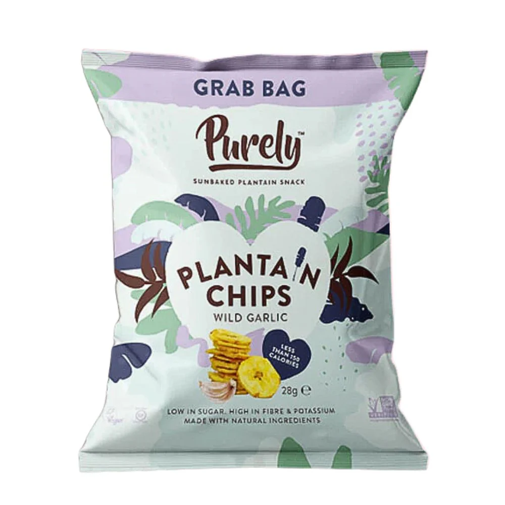 Purely Plantain Chips Wild Garlic, chips di platano al sapore di aglio da 28g