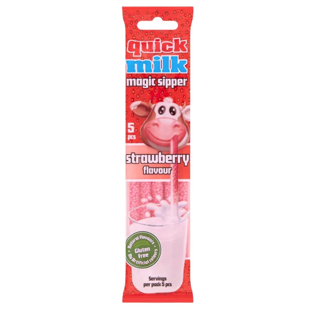 Quick Milk Magic Sipper Strawberry Flavor, cannucce di caramelle alla fragola da 30g