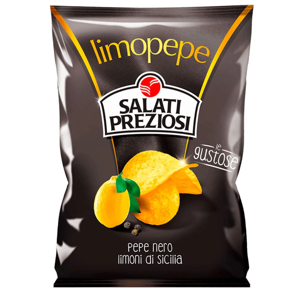 Salati Preziosi Limopepe, patatine al gusto di pepe nero e limone da 110g