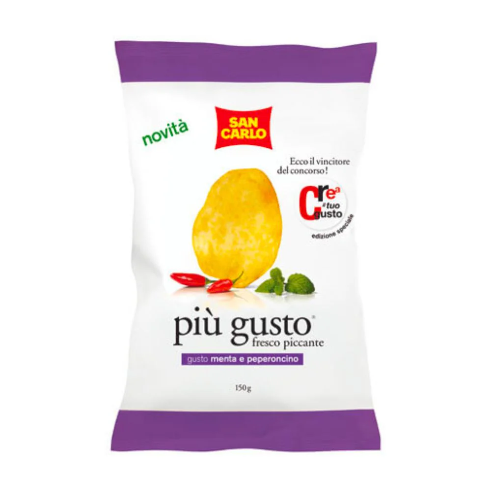 San Carlo Più Gusto Menta e Peperoncino, patatine al gusto menta e peperoncino da 150g