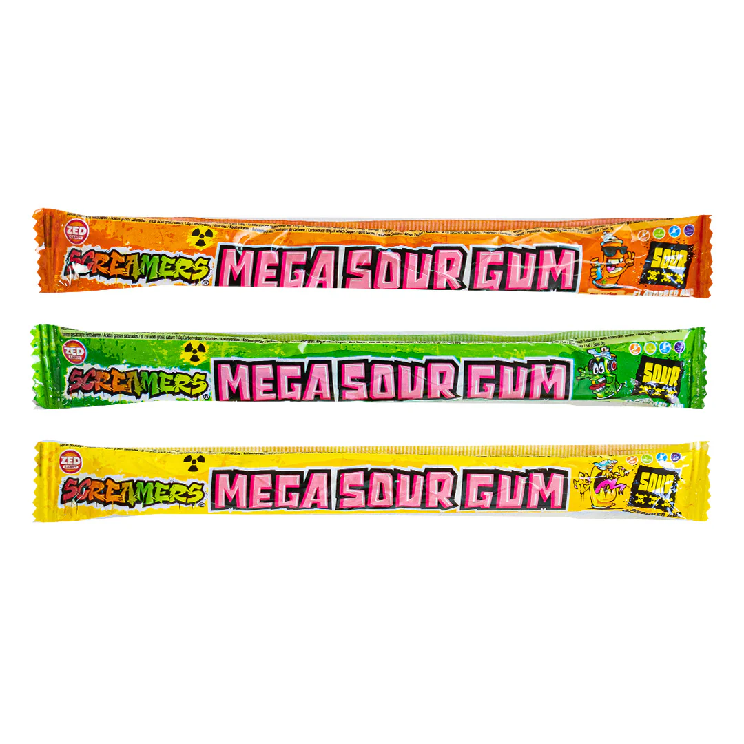 Screamers Mega Sour Gum, gomma da masticare aspra gusto a sorpresa tra limone, arancia e mela da 17g