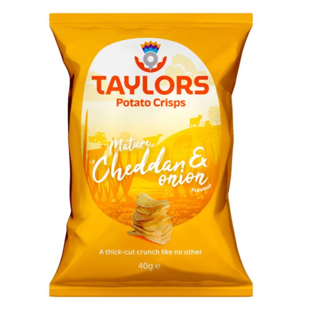 Taylor Potato Crisps Cheddar & Onion, patatine al gusto di formaggio e cipolla da 40g