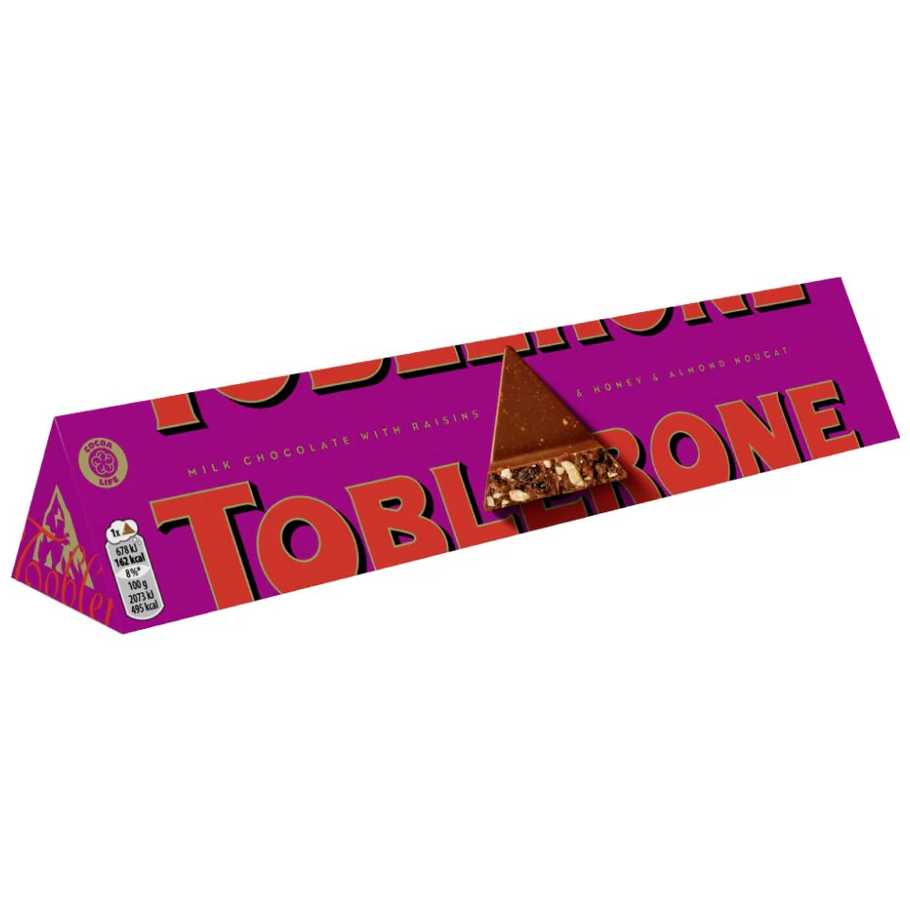 Toblerone Milk Chocolate with Raisins, Honey and Almond, barretta di cioccolato al latte con uova passa, miele e mandole da 100g
