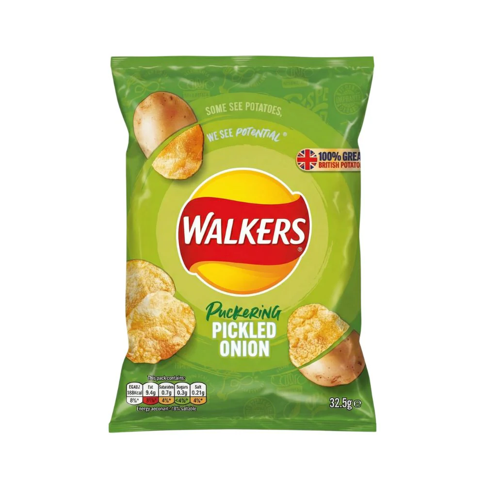 Walkers Puckering Pickled Onion, patatine al gusto di cipolla sott'aceto da 32,5g